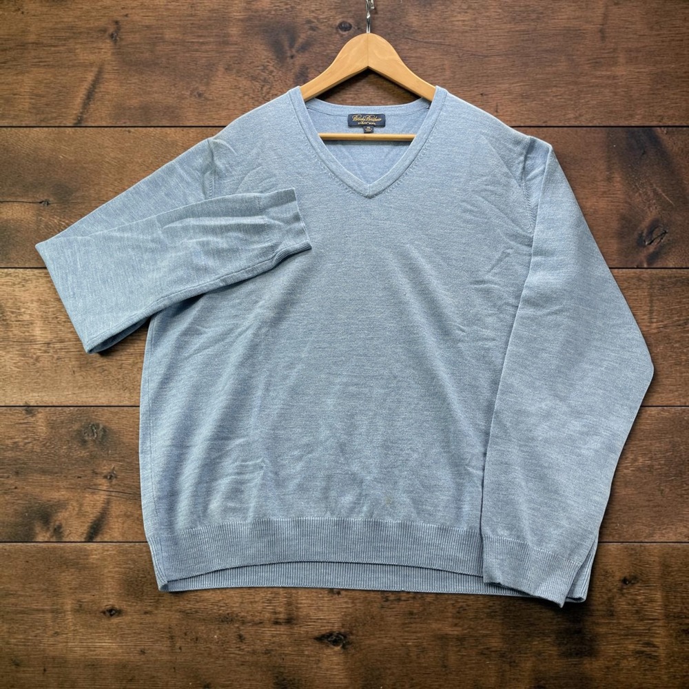 Brooks Brothers Saxxon Wool V-Neck Sweater Mens XL Light Blue Heathered Knit